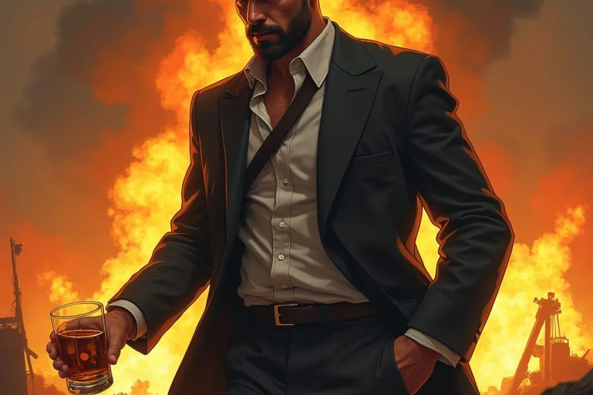 Determined Hardworkign Male with Whisky and Explisions