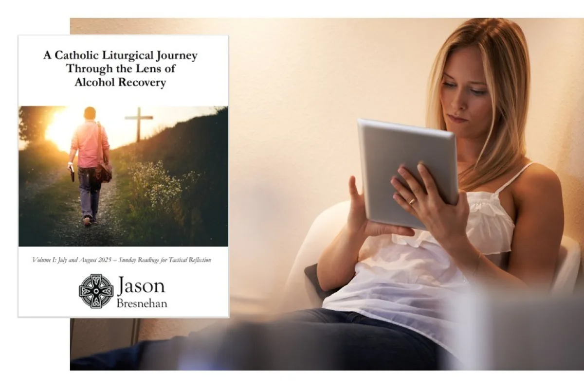 E Book1 and Catholic Blond Woman in Receovery Reading with interest