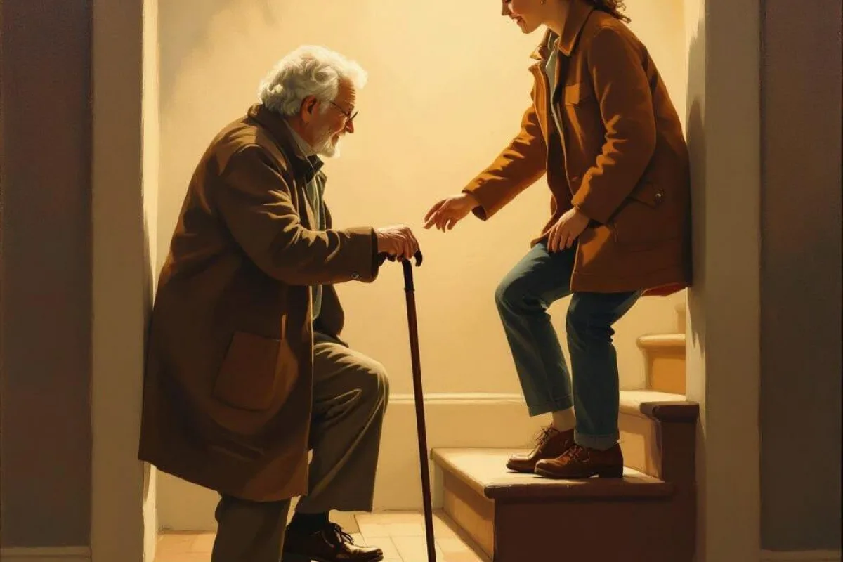 Helping elderly up the stairs