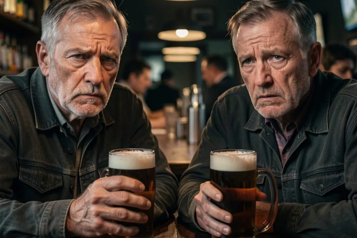 Two alcoholics with pained faces