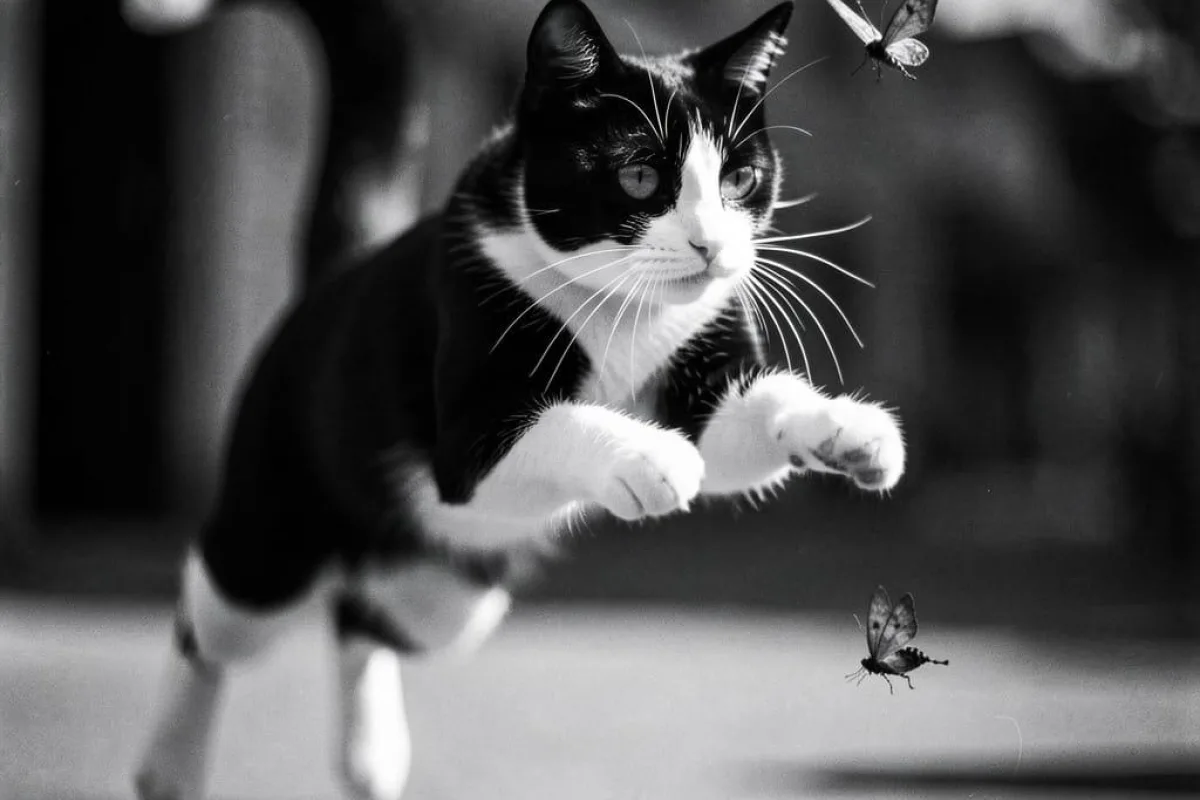 Boo leaping into the air to catch a moth