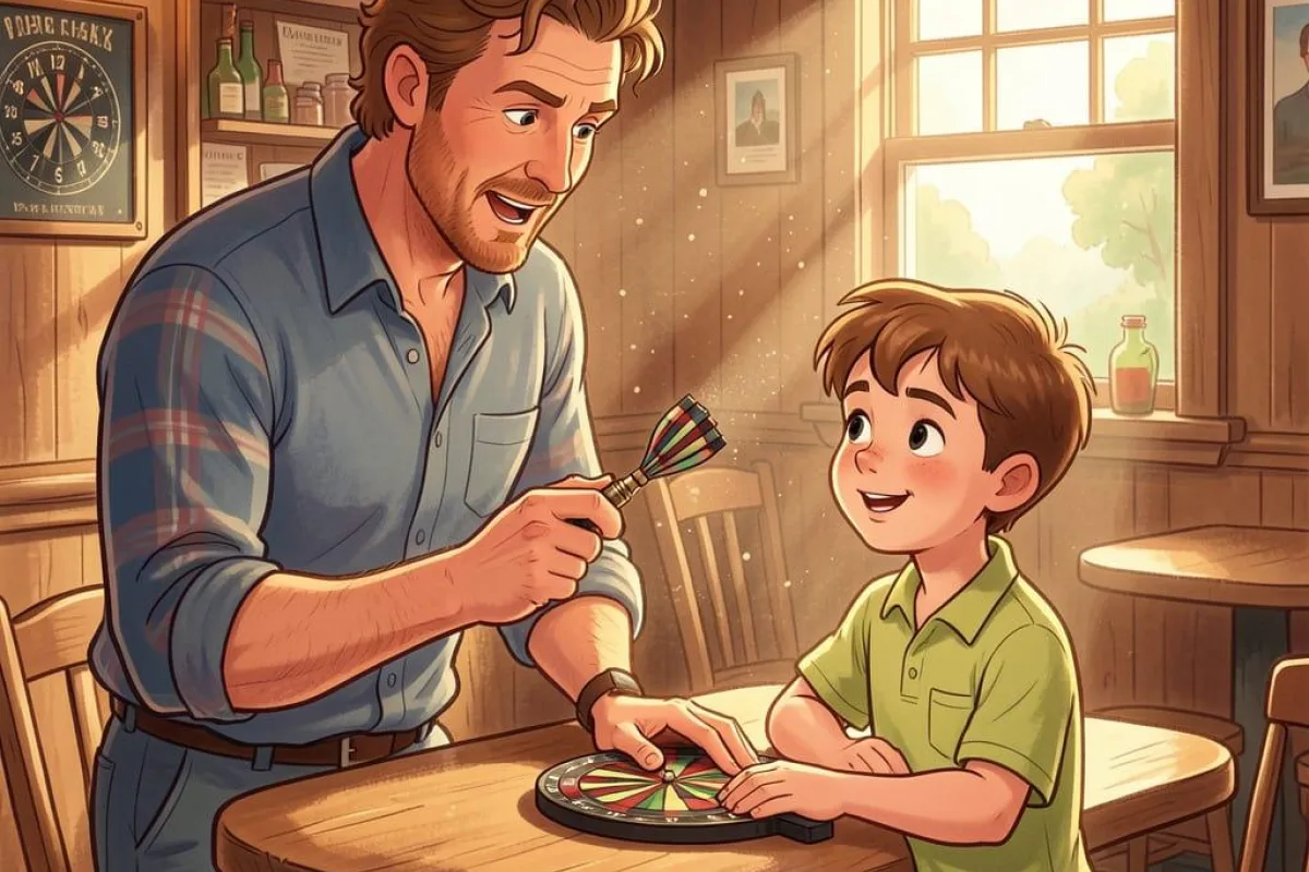 Young ted lasso playing darts with father