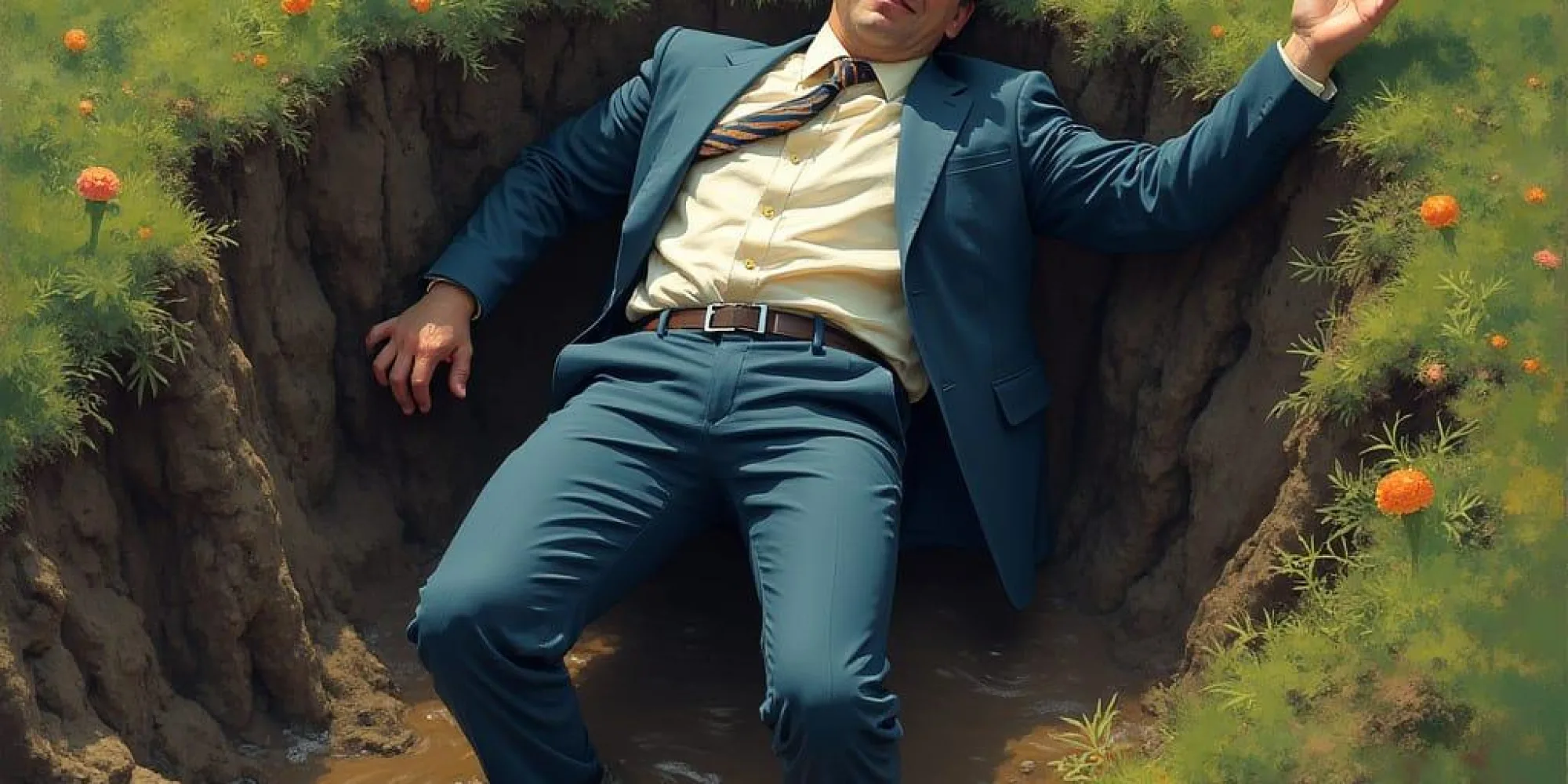 Man in suit falling into hole