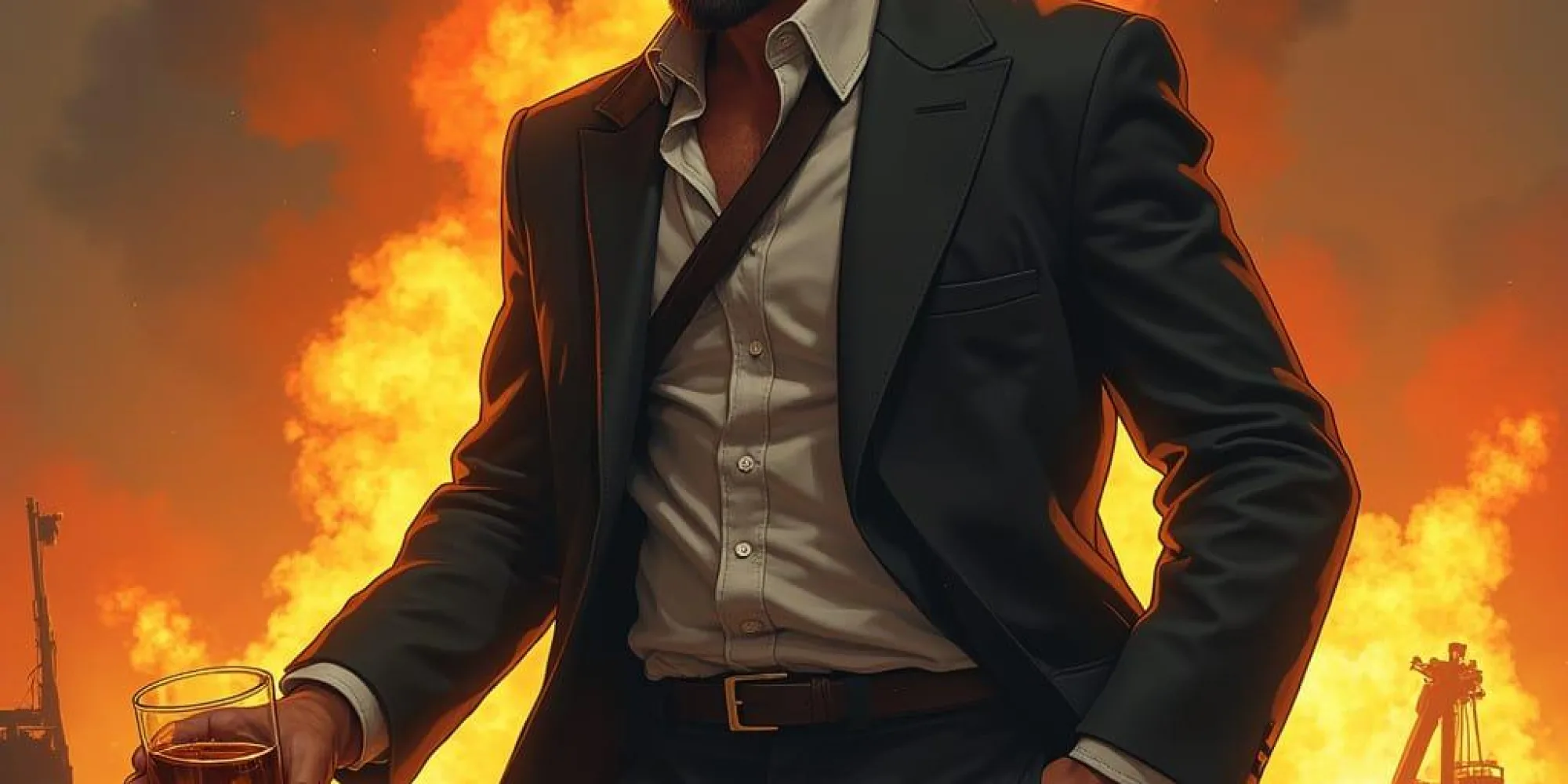 Determined Hardworkign Male with Whisky and Explisions