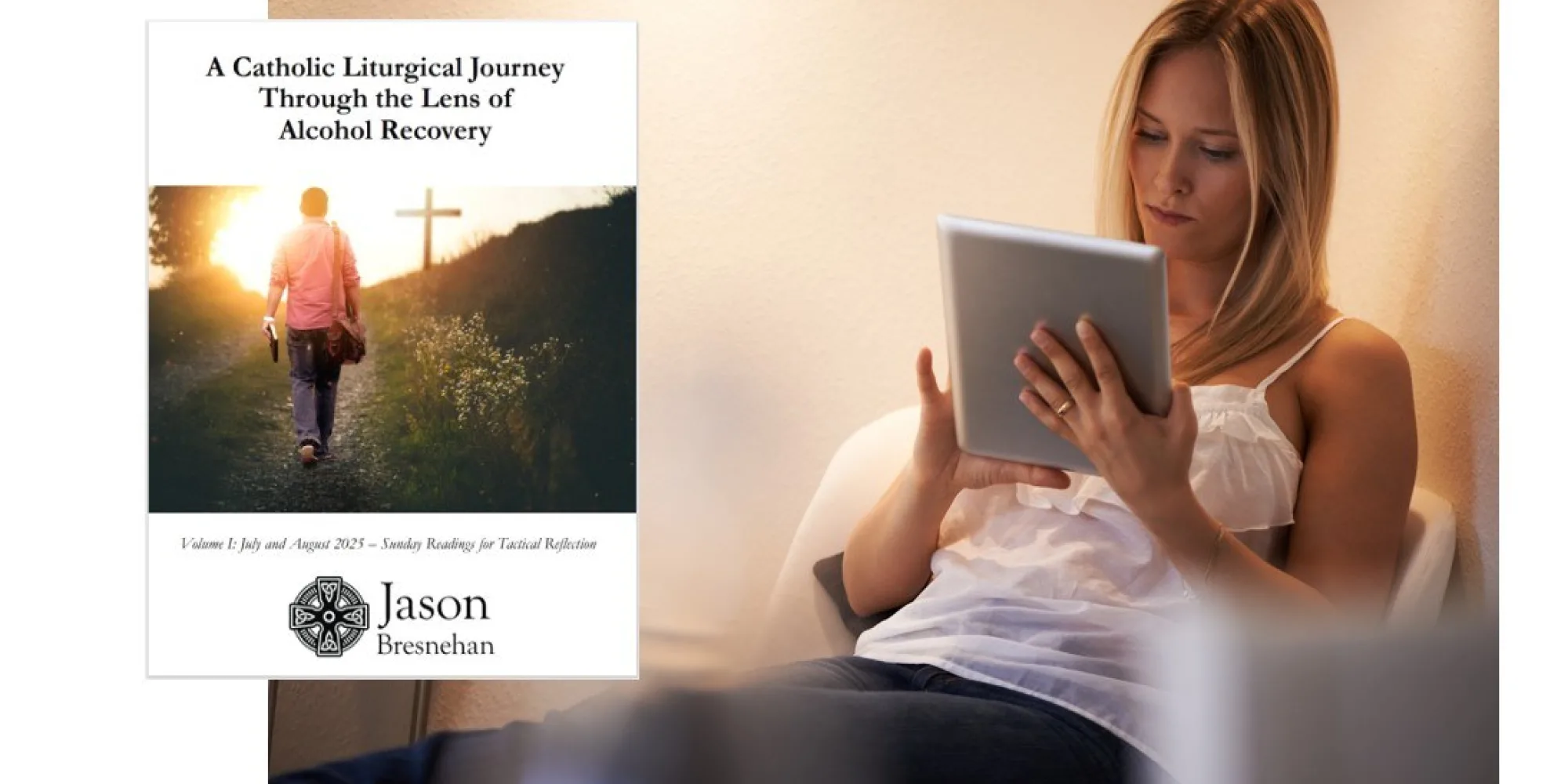 E Book1 and Catholic Blond Woman in Receovery Reading with interest