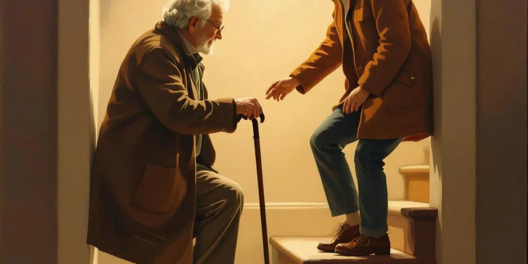Helping elderly up the stairs