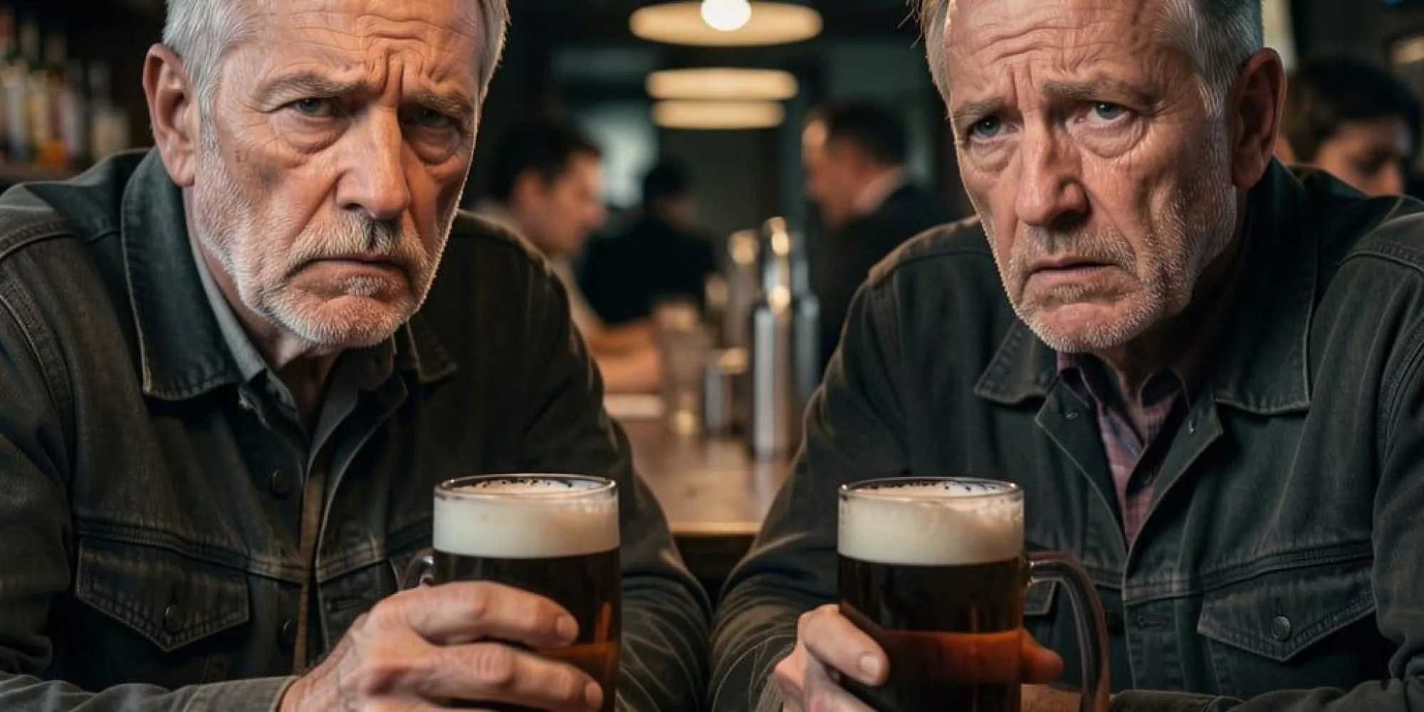 Two alcoholics with pained faces