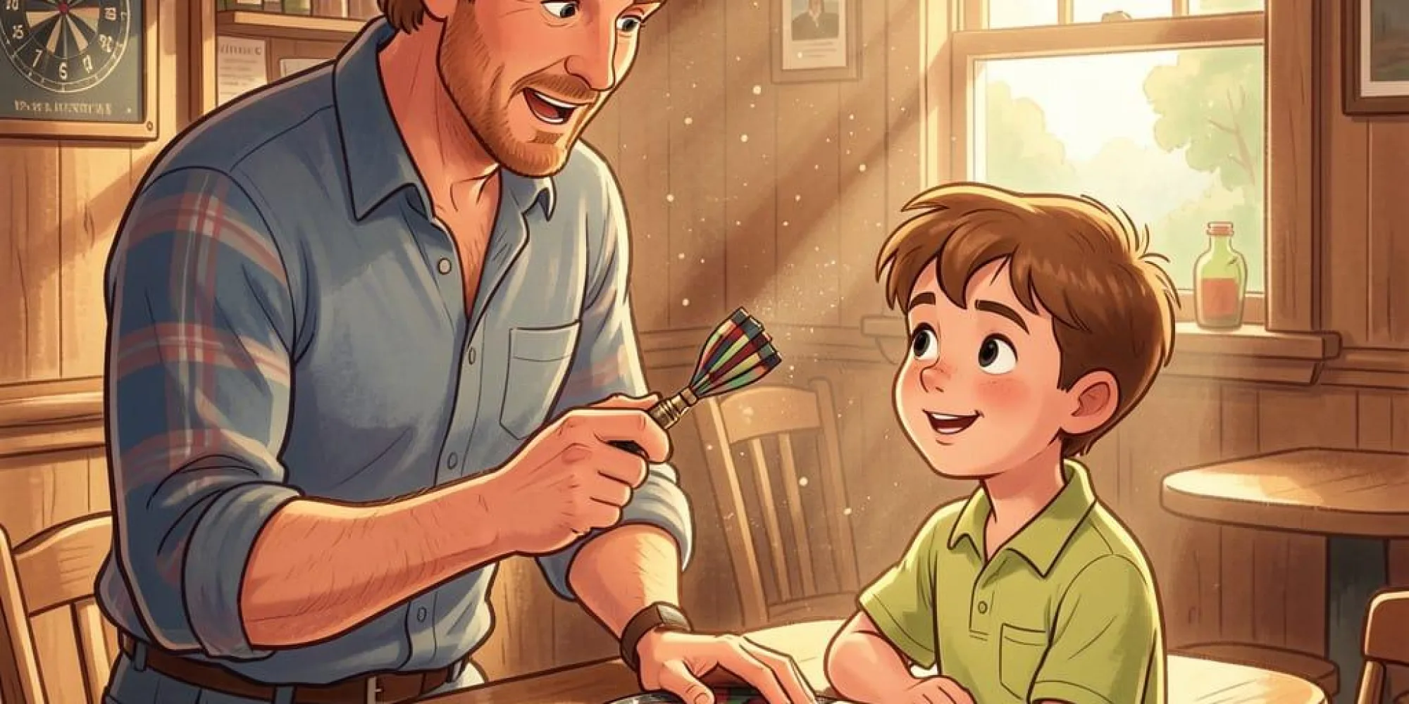 Young ted lasso playing darts with father